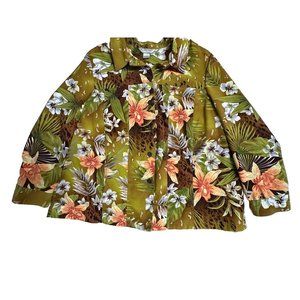 Allison Daley Button up‎ Jacket Green Tropical Tiger Lilly Floral Pockets 22W